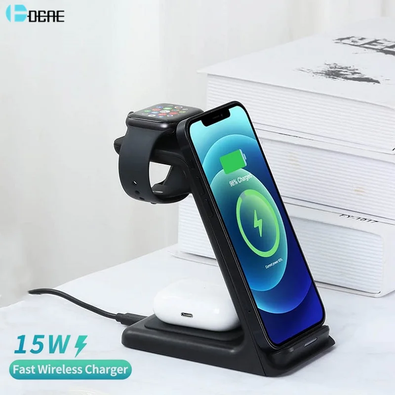Беспроводная зарядная подставка Qi 15 Вт для iPhone 12 11 Pro XS XR X 3 в 1 беспроводная
