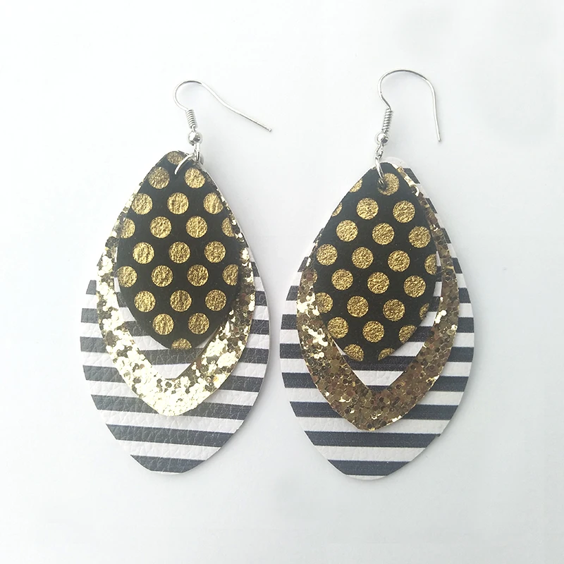 Многослойные золотые серьги-капельки из искусственной кожи с блестками в