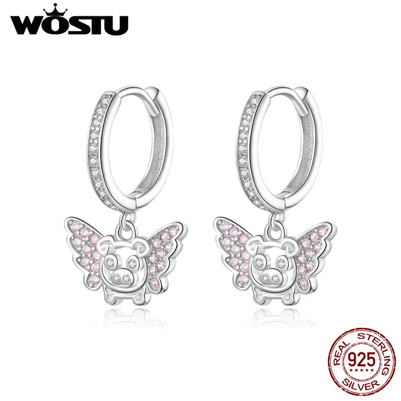 WOSTU,, 925 пробы, серебряные серьги-капли с летающей Свинкой, розовый циркон, свадебные Висячие серьги для женщин, милые ювелирные изделия CTE224