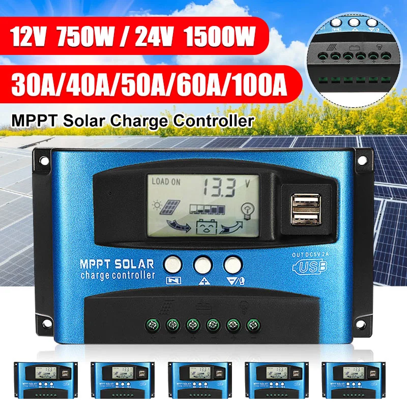 

30/40/50/60/100A MPPT PWM контроллер заряда солнечной батареи 12В 24В Регулятор батареи солнечной панели двойной порт USB Максимальная входная мощность ...