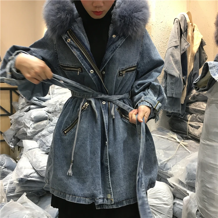 Женская джинсовая куртка с воротником из натурального Лисьего меха съемная