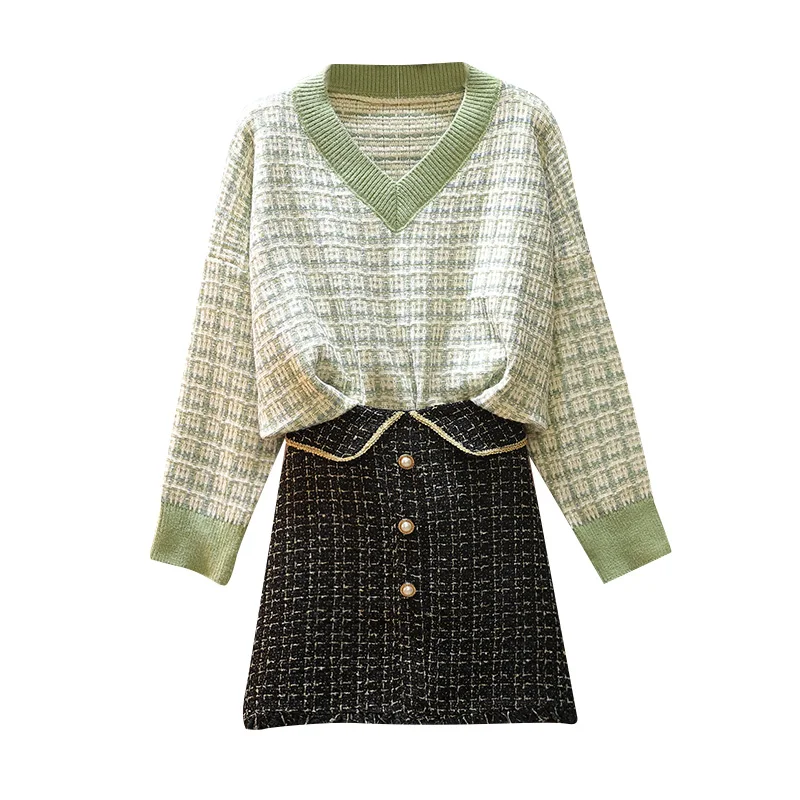 

Large Size L-4XL Women V Necdk Pullover Sweater & Tweed Skirt Suit Ladies' New Autumn/Winter Sweaters Leisure Suits Loose Top