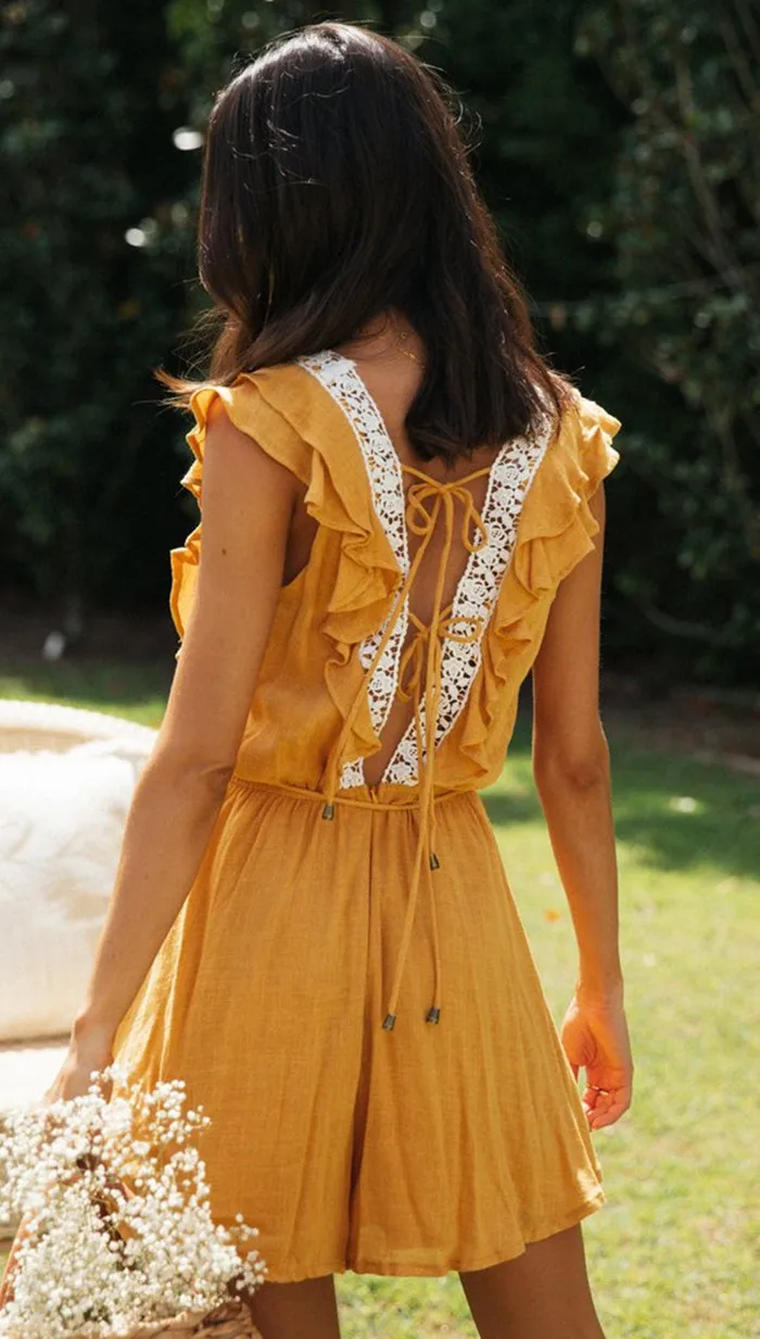 

Dresses for Wome n2021 Korean dress Spring and Summer New Women's Square Collar Lace Stitching Tied Jumpsuit