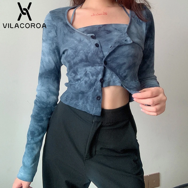

Cotton Tie-Dye Print Two-Piece Women T-Shirt Round Neck Long Sleeve Y2k Crop Top Sling Camis Slim Tee-Shirt Suit Femme Clothing