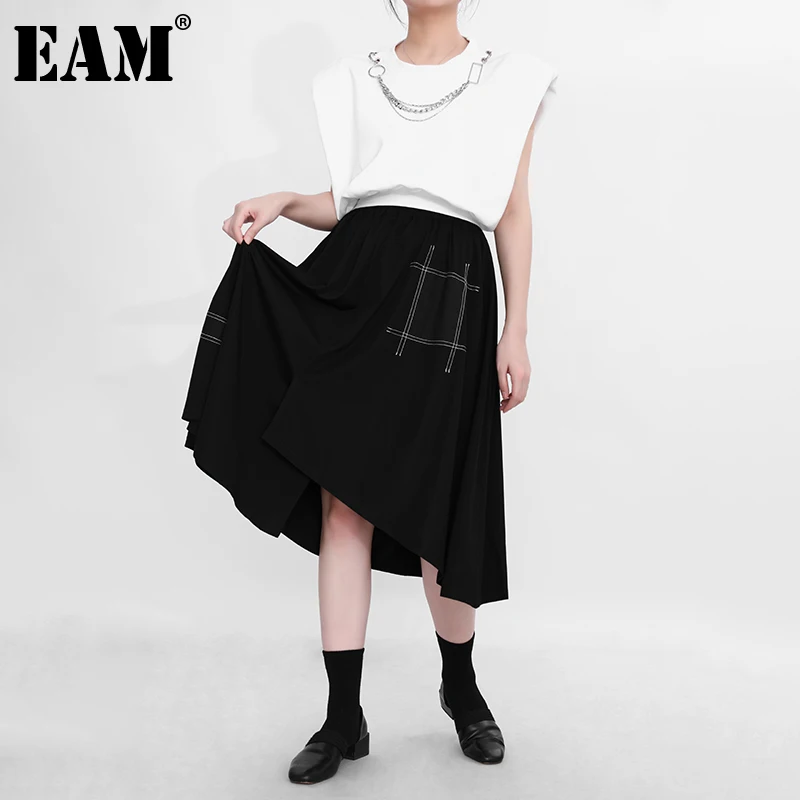

[EAM] Black Irregular Pocket Spliced High Elastic Waist Half-body Mid-Calf Skirt Women Fashion Tide Spring Summer 2022 1DD809001