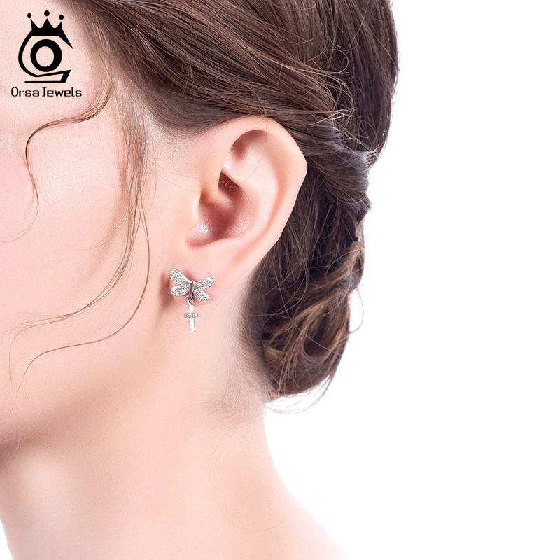 ORSA JEWELS Серебро 925 милые животные бабочка длинные висячие серьги с цирконием AAAA