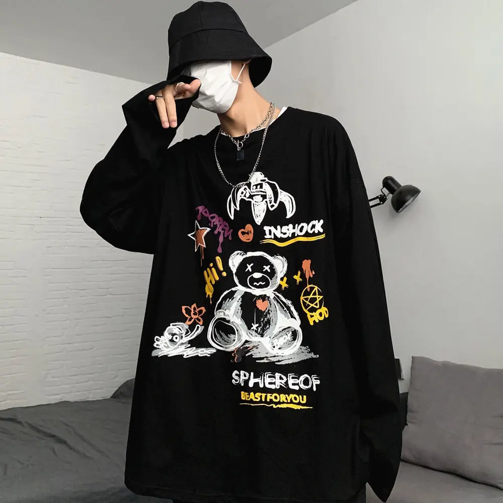 

Long-sleeved Oversized T-shirt Male Korean Version Ins Autumn Tide Brand Bear Cartoon Print Shirt Bottoming Shirt Couple Wear