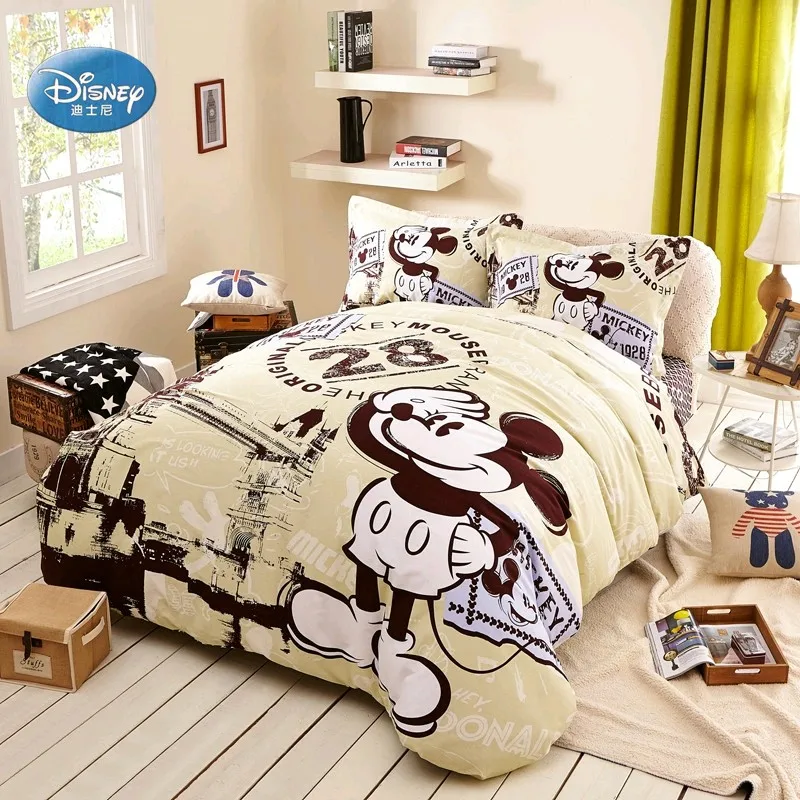 Disney Mickey Patterns 3D Printed Bedding Set Cream and Brown Duvet Quilt Cover Pillowcase Sheet Children Adult Bedroom Decor