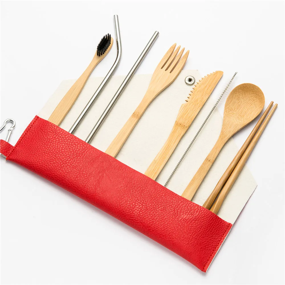 10pcs set006 Многоразовый набор bambooстоловых приборов деревянный портативный набор посуды Резак Режущий мешок для студентов офисный Рабочий набор посуды кухонный инструмент - Цвет: 10pcs set006