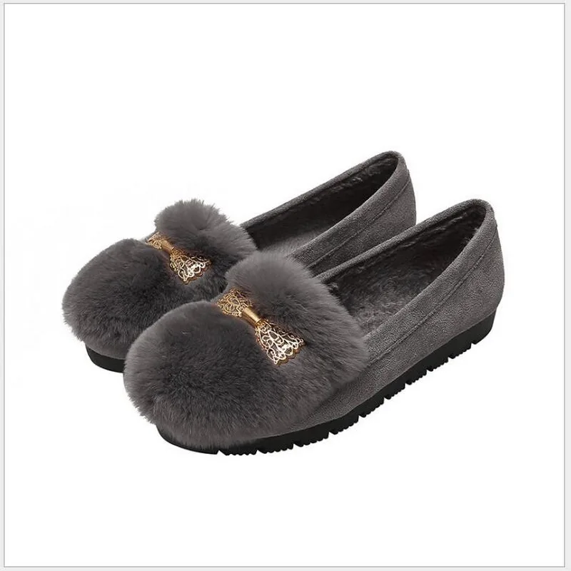 rabbit Fur Loafers Women Winter Plush Flats Slip On Warm Shoes Lady metal Buckle Moccasins Womens Comfortable Cotton Shoes