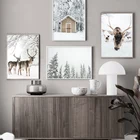 Зимний Снежный домик олень лес пейзаж настенная живопись холст скандинавские постеры и принты настенные картины для декора гостиной