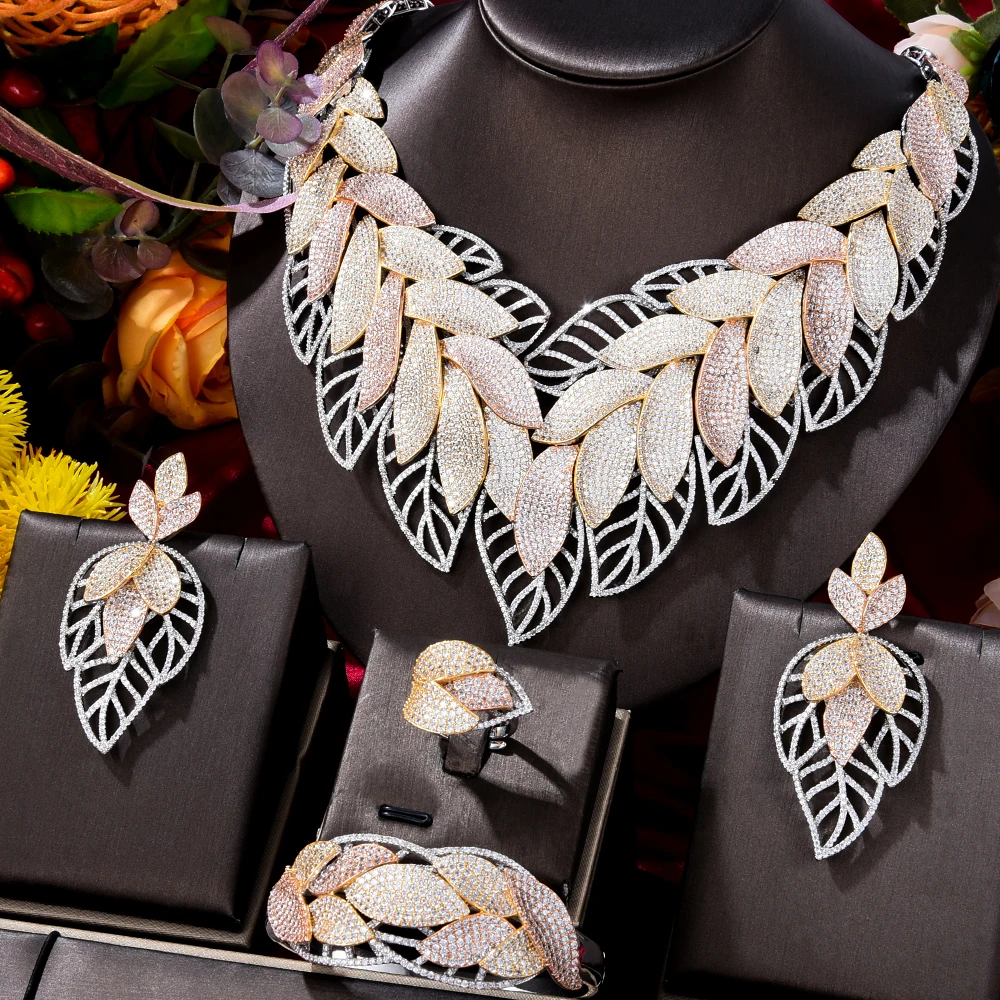 

4 шт., Свадебный комплект из колье, серёг и кольца