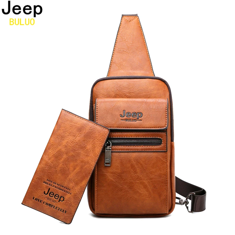 Мужской комплект нагрудная сумка jeep buluo оранжевая через плечо и кошелек из