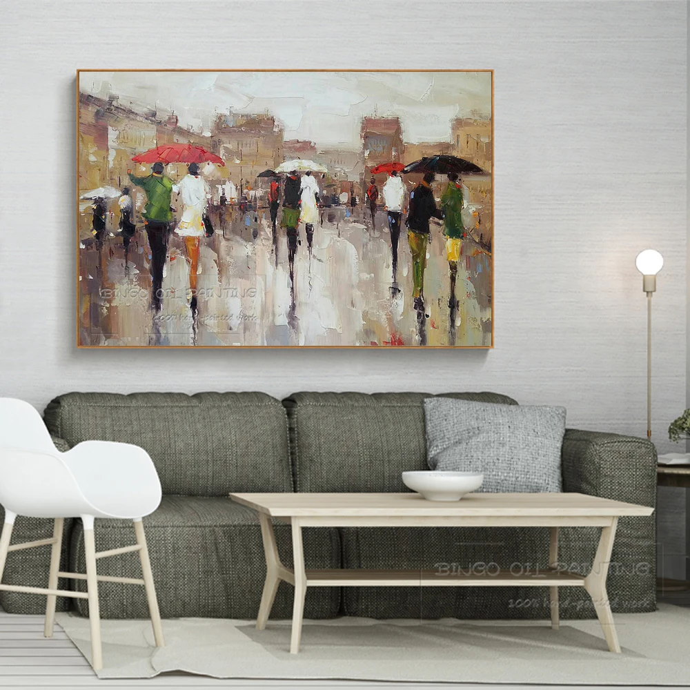 Дешевая цена ручная роспись абстрактные уличные прогулки люди масляная живопись