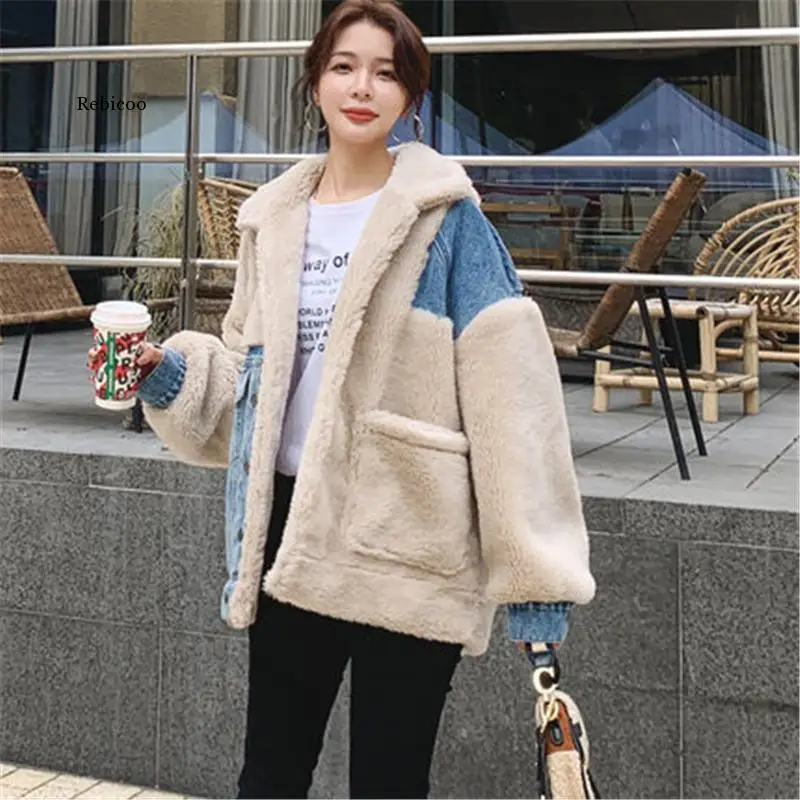 

New Arrival Winter Womens Denim Stitching Lambswool Coat Thick Trendy Lady Outerwear Loose Plus Size Female Jackets