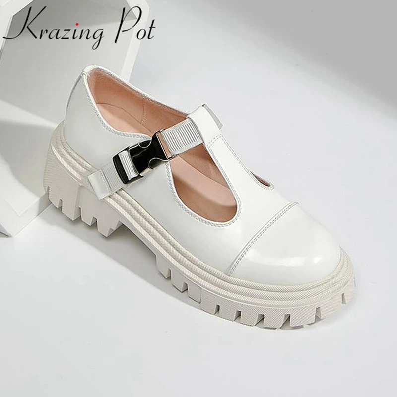 

Кроссовки Krazing pot из натуральной кожи, художественные дизайнерские белые на платформе, с металлической пуговицей, пряжкой и круглым носком, ...
