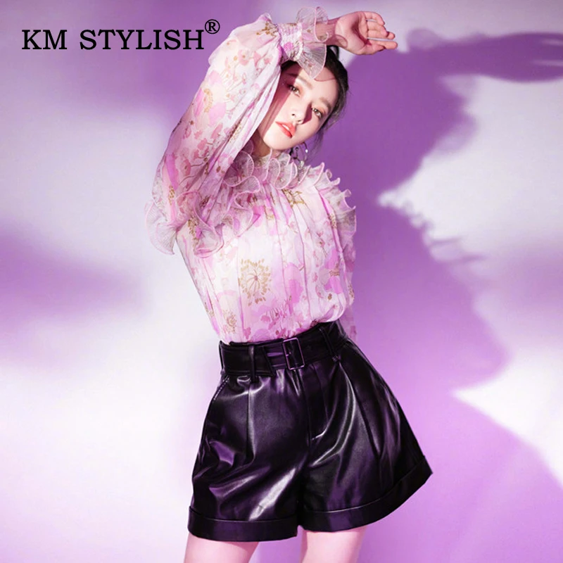 

New Women Top Blouse Floral Print Pink Ruffles Neck Casual Blouses Long-sleeve Flare-sleeve Chiffon Shirt