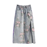 spring and autumn new womens casual temperament half length skirt was thin high waist mid length retro printed denim skirt 2xl