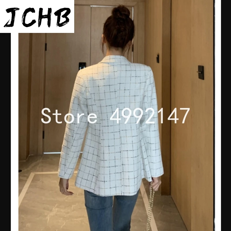 

2021 winter Autumn women elegant double breasted plaid tweed coats Korean female slim jackets OL notched collar coat Y712