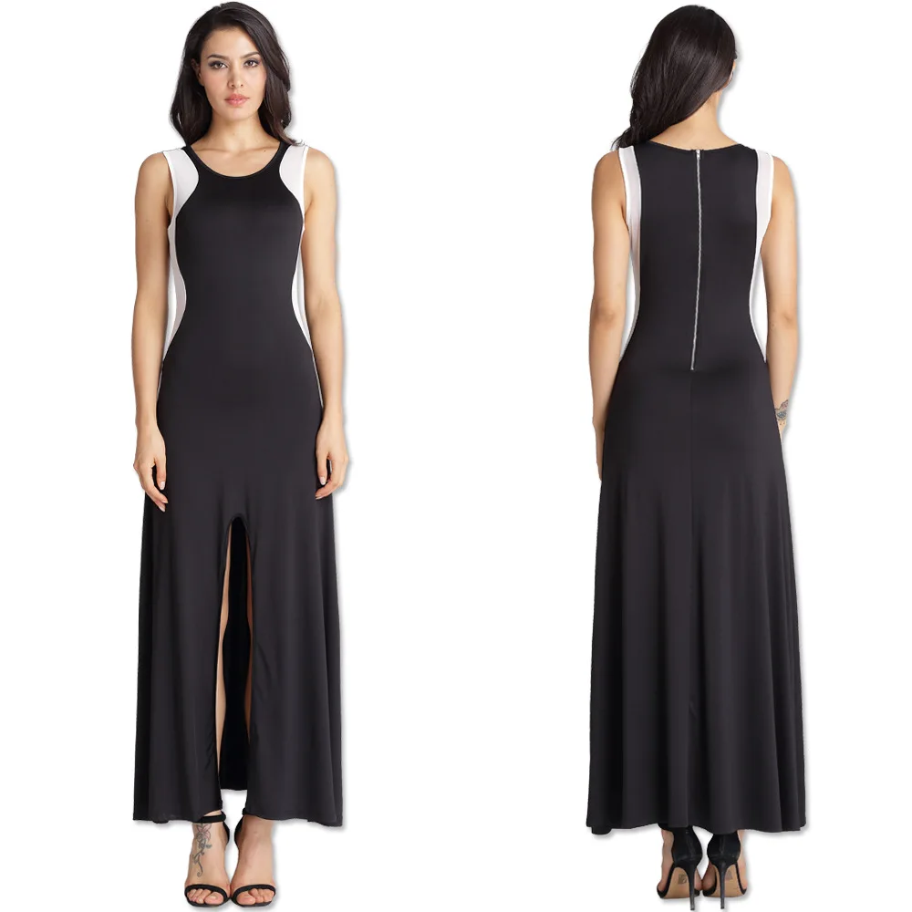 

S-L Summer Split Fork Women's Waist Exposed Hip Pack Mesh Stitching Sexy Sleeveless Thin Dress