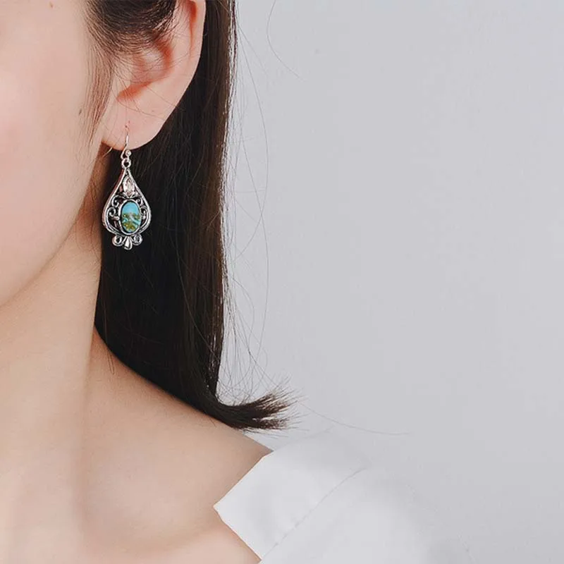 Boho Синтетическая синий камень Для женщин небольшой Длинные Висячие серьги, серьги в виде капли Винтаж индийские украшения античное серебро Цвет DBE038