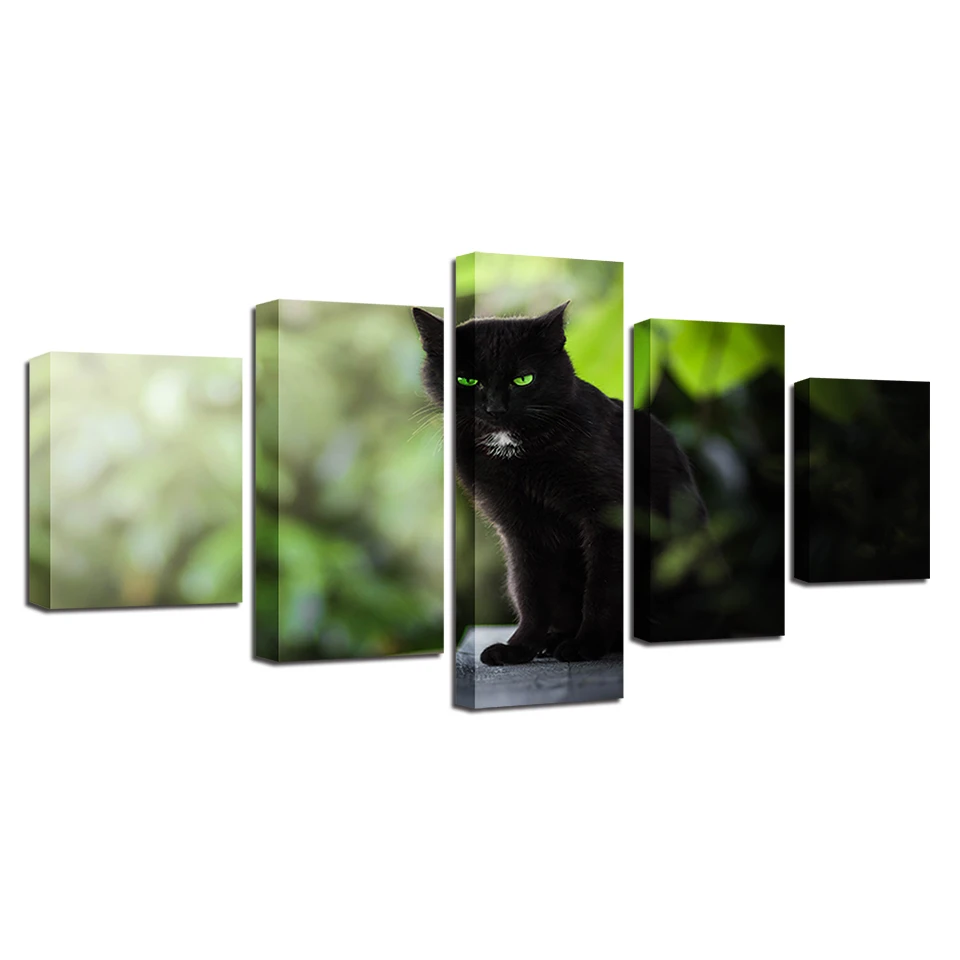 

Art Animal Posters Printing Pictures Framework Modern 5 Pieces Black Cats Green Eyes Scenery Modular Canvas Paintings Wall Decor