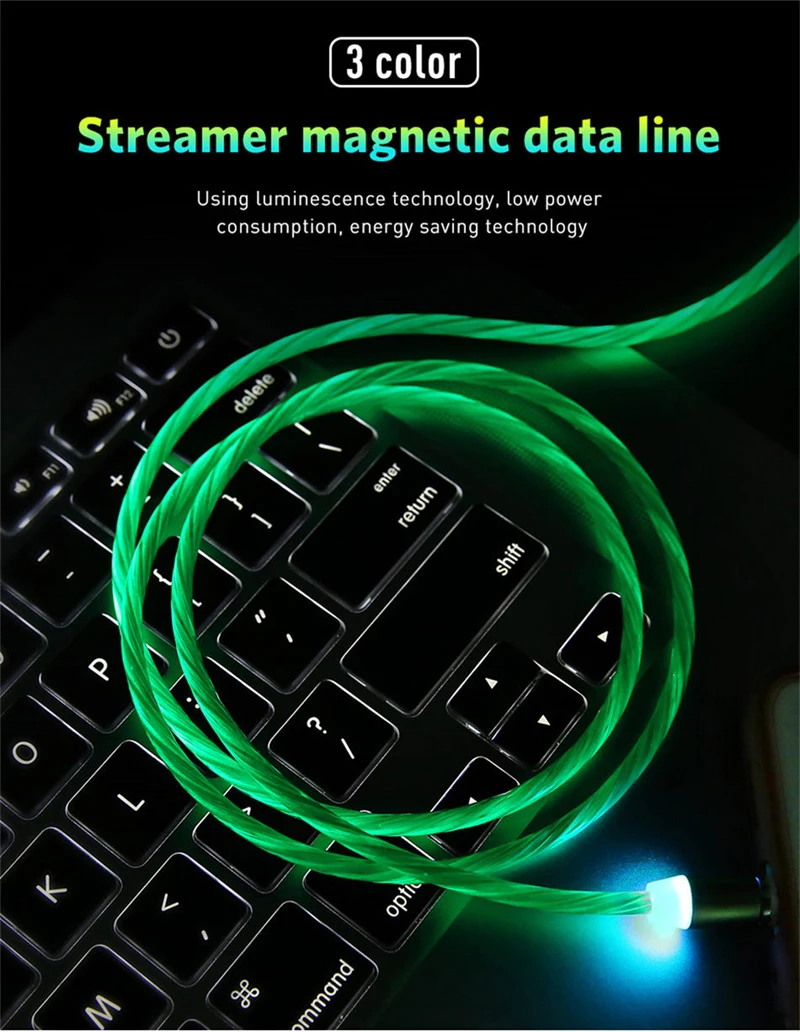 Magnetic Flow Luminous Light USB Charging Cable For iPhone 5S 5SE 6 7 8 Plus Micro Type C Samsung Fast Cables | Мобильные телефоны