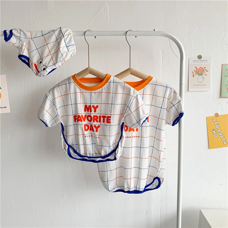 

2021 Summer New Kids Clothes Letter Print Plaid Casual Brother and Sister Set