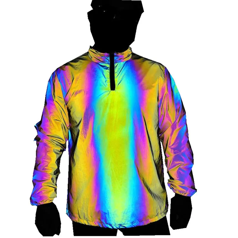 

2021 Men's New Stand Collar Colorful Reflective Pullover Jacket Hip Hop Rainbow Luminous Windproof Jacket