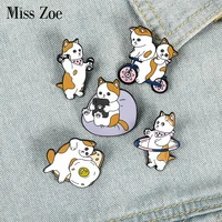 funny cats enamel pin custom cat egg bike dumbbells sports brooches bag lapel pin cartoon badge jewelry for kids friends