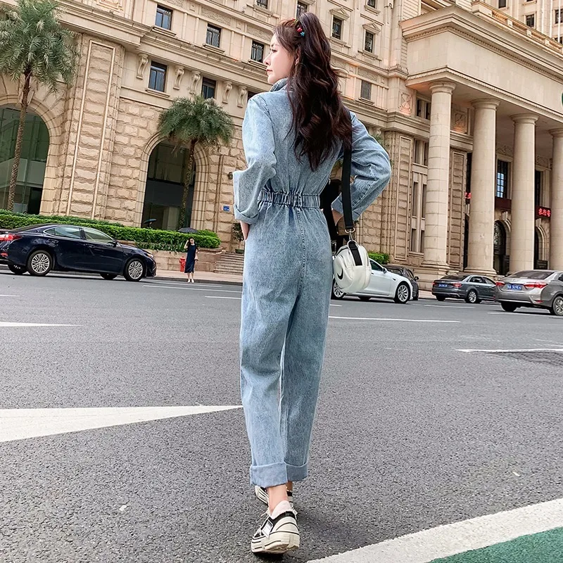 

Fashion Zipper Jeans Women Jumpsuit Long Elastic High Waist Ladies Rompers Streetwear Pocket Long Sleeve Denim Overalls Female