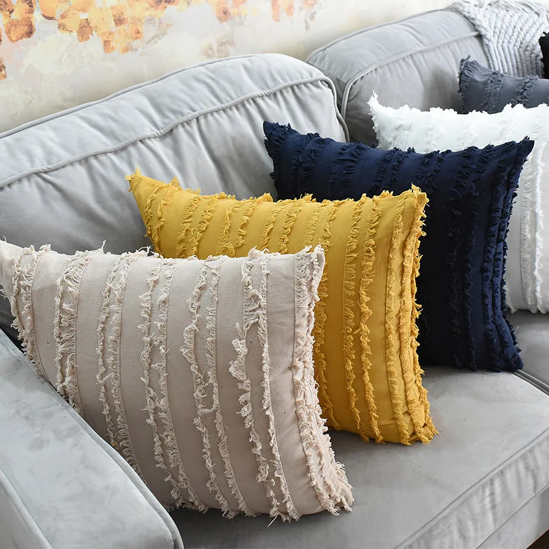 

Yellow Beige White Tassels Cushion Cover Home Decoration 50X50CM cotton Jacquard Pillow Cover For Sofa Pillowcase Pillow Sham