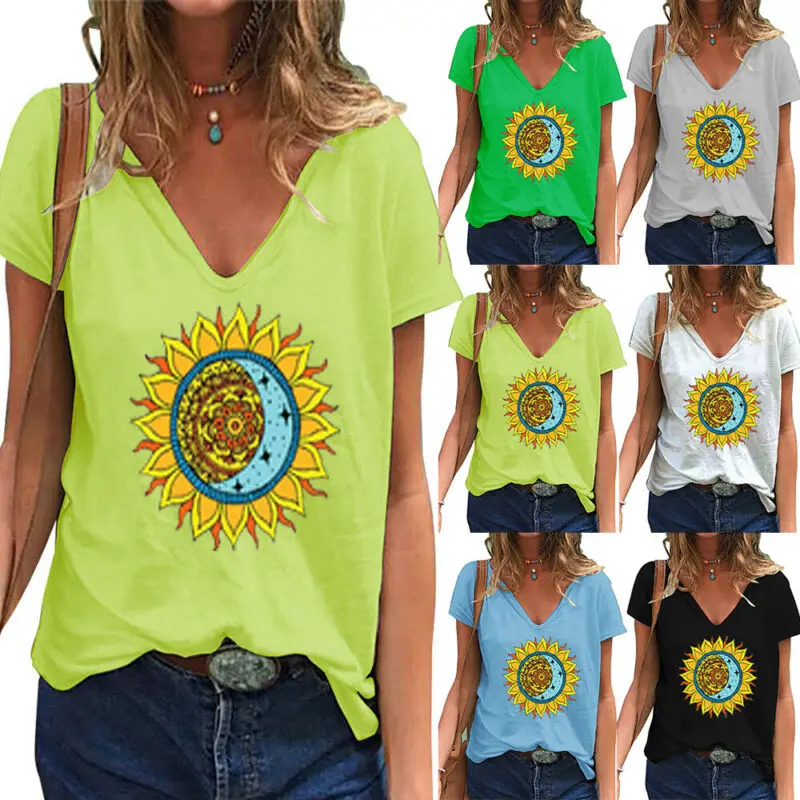 

Womens V Neck Print T-Shirt Top Short Sleeve Blouse Casual Loose Tee Shirt Plus