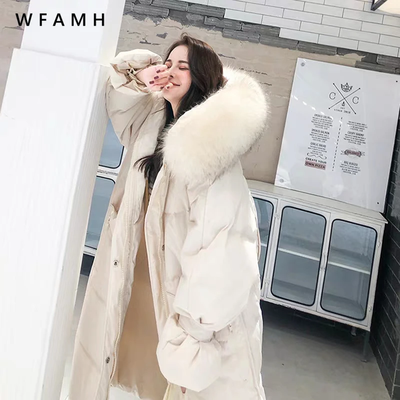 2023 New Explosion Style Anti-season Korean White Big Fur Collar Down Jacket Women's Long Long Thick Loose Over-the-Knee Jacket