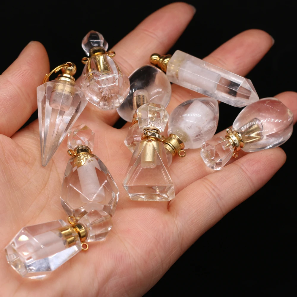 

1PC Natural Semi-pr Stone Clear Quartz Perfume Bottle Pendant Essential Oil Diffuser MakingDIY Necklace Jewelry Gift Differ Size