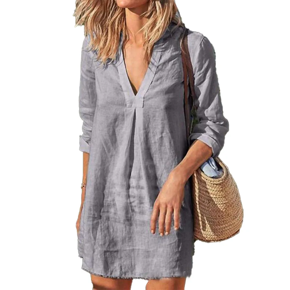 

New Women's V-neck Mid-Length Casual Long-Sleeved Dress