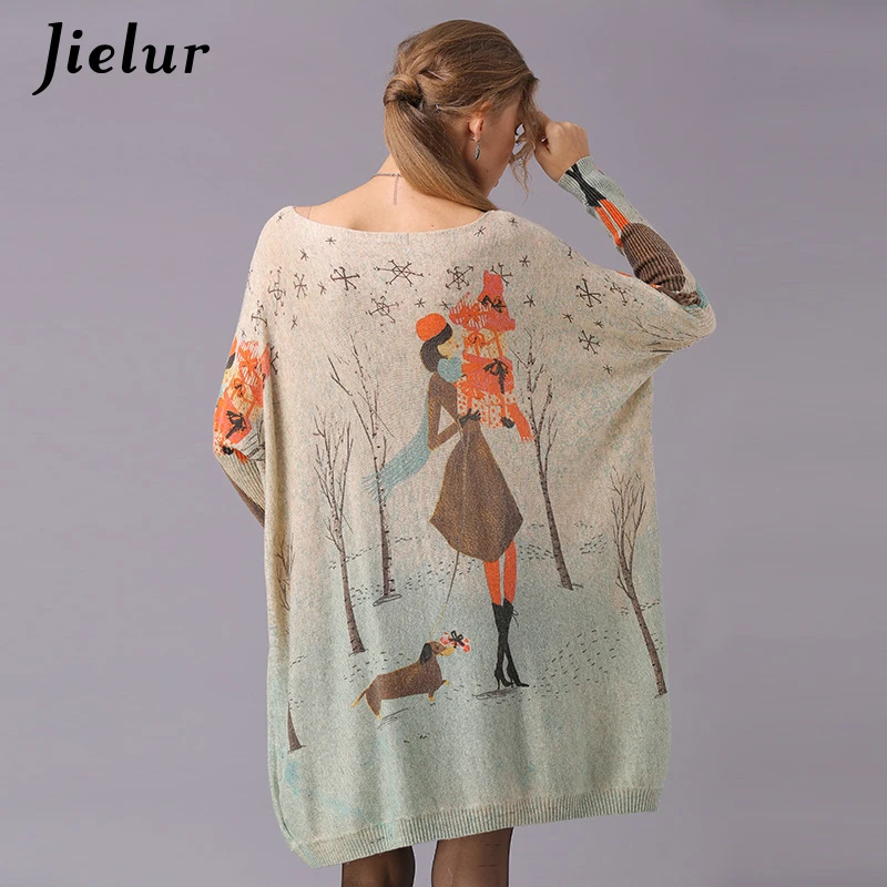 Jielur водолазка свитер для женщин мультфильм печатных с длинным рукавом джемпер
