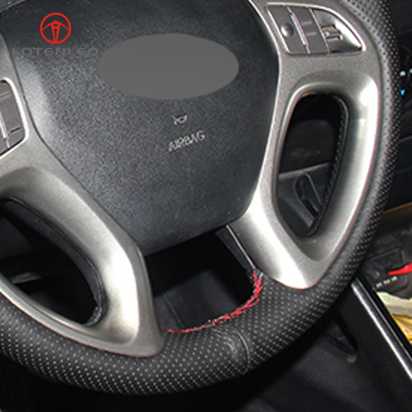 

LQTENLEO Black Genuine Leather DIY Hand-stitched Car Steering Wheel Cover for Hyundai ix35 2011-2015 Tucson 2 2010-2015
