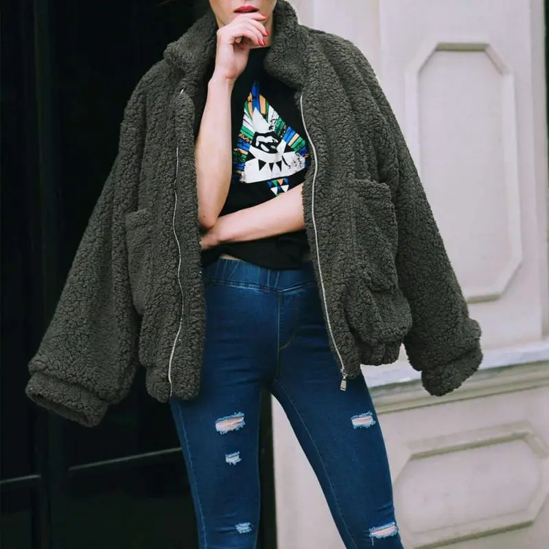 

Women Elegant Faux Fur Coat 2021 Autumn Winter Warm Soft Zipper Fur Jacket Female Plush Pocket Casual Teddy Outwear