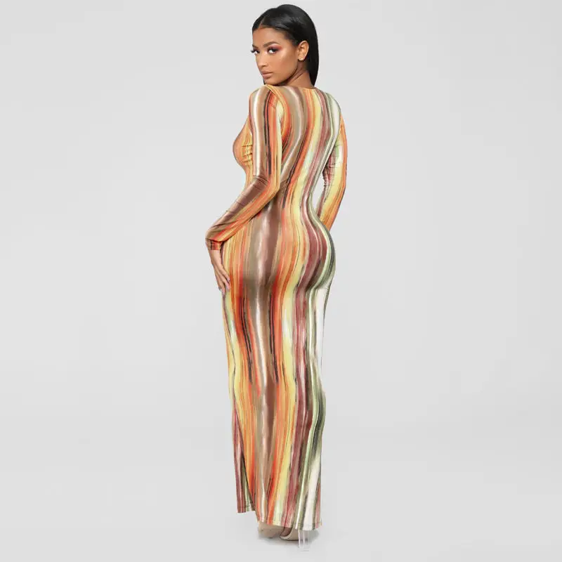 

European and American fashion graffiti stripe printing long sleeve, low chest and deep V-neck spring and autumn dress with waist