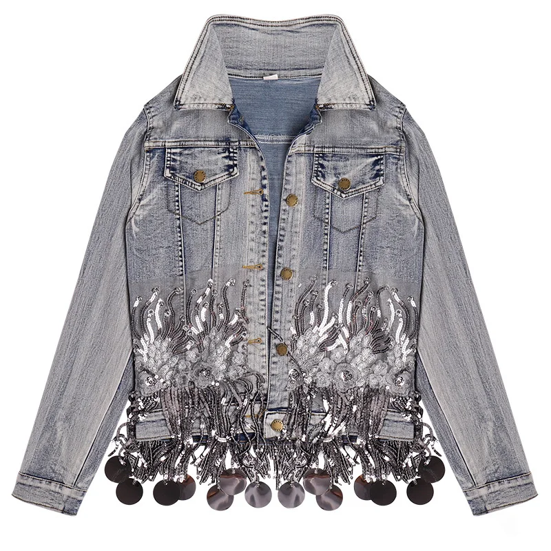 Куртка женская джинсовая короткая с бахромой свободная верхняя одежда из денима