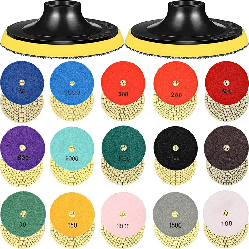 

18 Pcs 4 Inch Diamond Polishing Pads Set 16 Pcs 30-8000 Grit Pads with 2 Pieces Hook and Loop Backing Holder Pads
