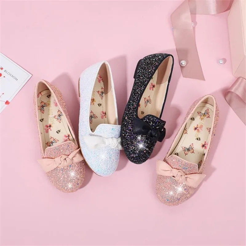 Детские туфли для девочек принцессы с бантом блестками танцевальные на низком