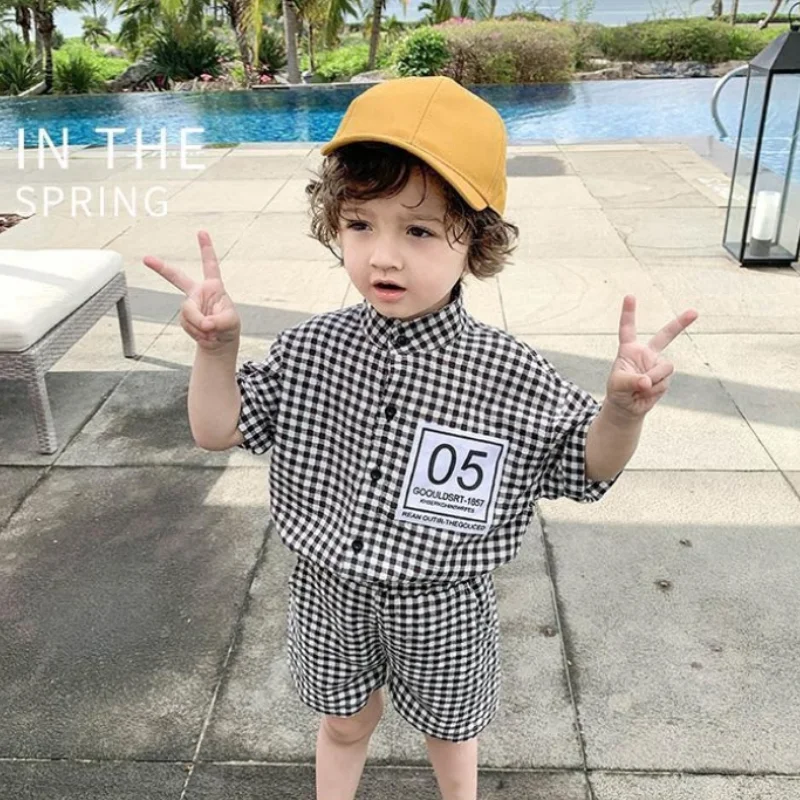 

Boy's Summer Clothing Sets Boys Short-sleeve Children's Plaid Shirt and Shorts