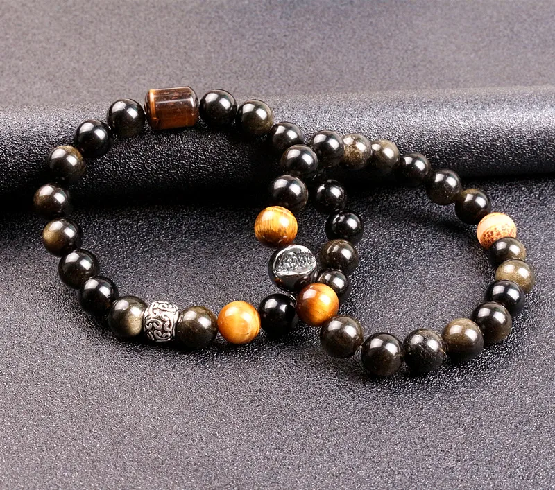 10mm Gold Obsidian Stone with Tiger Eye Beads Men Women Unisex Wristband Black Wealth and Good Luck Bracelet | Украшения и