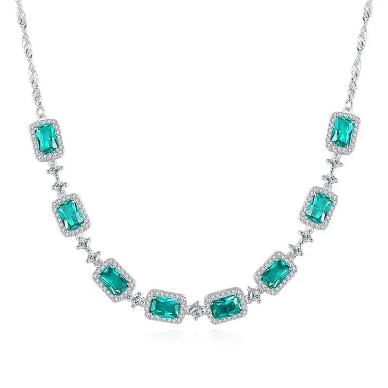 

Fashion Luxury 925 Solid Sterling Silver Emerald Gemstone White Gold Cocktail Party Pendant Necklace Fine Jewelry Wholesale