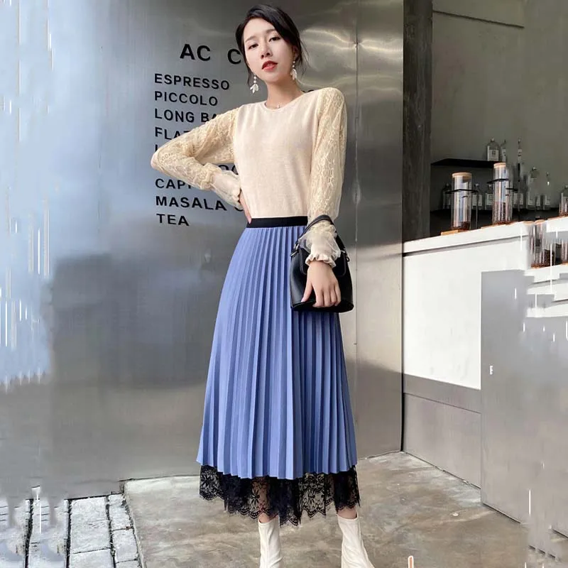 

Autumn Long Lace Skirt Women A-line Glitter Skirt High Waist Mesh Pleated Skirts for Women Loose Black Korean