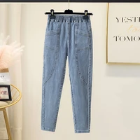 baggy solid patchwork womens jeans streetwear elastic high waist denim harem pants casual spring ankle length pants female