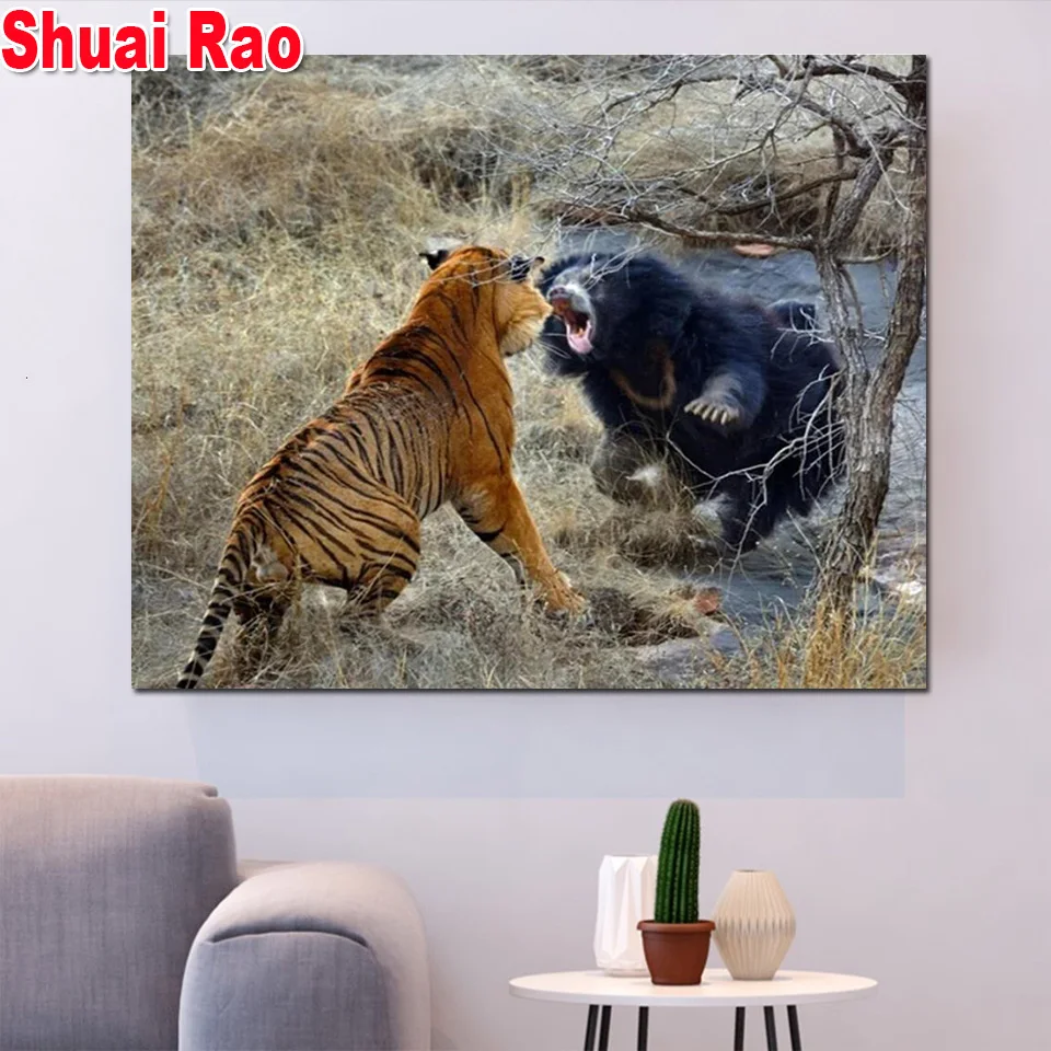 

paint by diamond tiger fight with bear diamond painting Cross stitch 5d diy diamond embroidery full square round mosaic set art