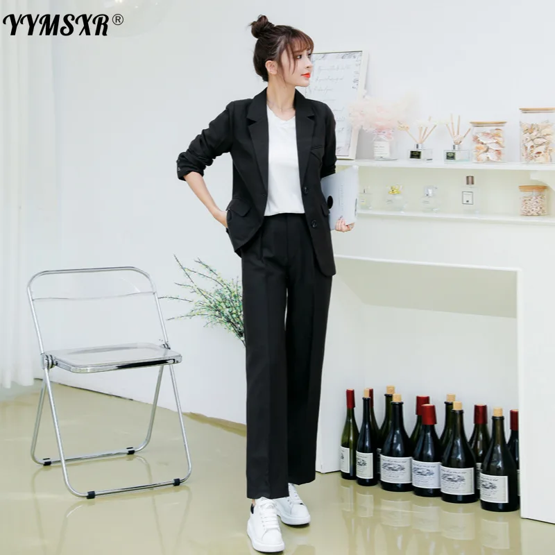 Fall 2022 New Women's Suit Pants 2-piece Set of Casual Single-breasted Ladies Jacket + Slim Cropped Trousers Black